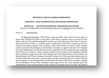 A document titled Montreat Code of General Ordinances outlining solid waste disposal and refuse collection requirements, with visible headings and textual content on health protection and disease prevention.