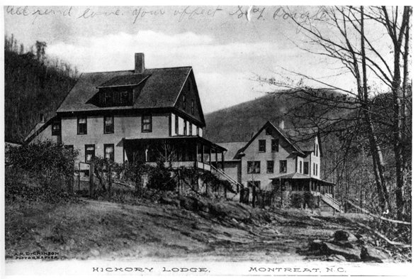 Black and white photo of two large, wooden houses labeled Hickory Lodge, Montreat, N.C., set on a hillside with trees and mountains in the background. Handwriting is faintly visible at the top of the image.