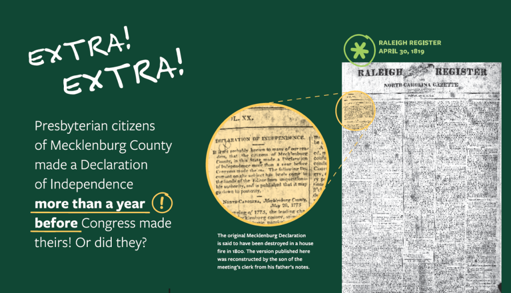 A newspaper page labeled Raleigh Register April 30, 1819 and a highlighted article about the Mecklenburg Declaration of Independence, with text questioning if it was made over a year before Congress’s declaration.
