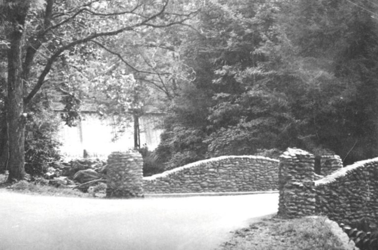A black and white photo of a curved stone bridge crossing a road, surrounded by dense trees and foliage. Sunlight filters through the leaves, casting dappled light on the quiet, peaceful scene.