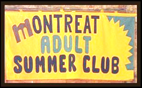 A yellow banner with the words “Montreat Adult Summer Club” in large, colorful letters, and a sunburst design on the right side.
