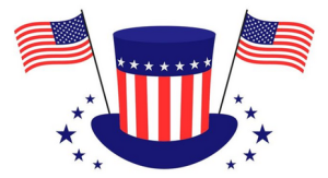 A blue top hat with red and white vertical stripes and white stars, flanked by two American flags and surrounded by blue stars.