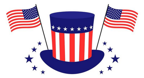 A blue hat with white stars and red and white stripes, flanked by two American flags on poles, with blue stars surrounding the hat.