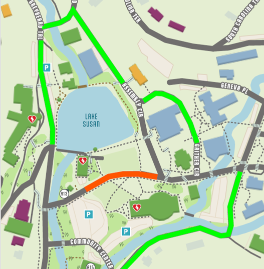 A map shows paths around Lake Susan, with green and orange highlighted routes, nearby roads, parking, and community centers.