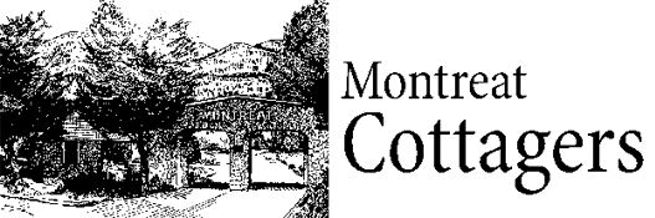 Black and white drawing of an arched stone entrance labeled Montreat, surrounded by trees. To the right, the words Montreat Cottagers are printed in large, bold text.