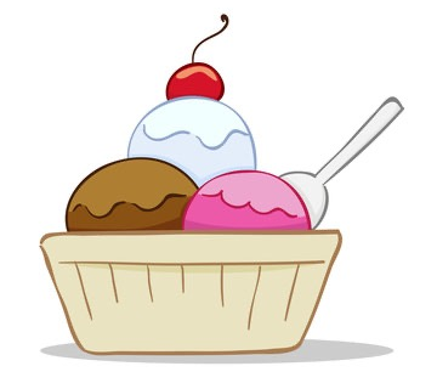 Cartoon illustration of an ice cream sundae with chocolate, vanilla, and strawberry scoops in a bowl, topped with a cherry and served with a spoon.