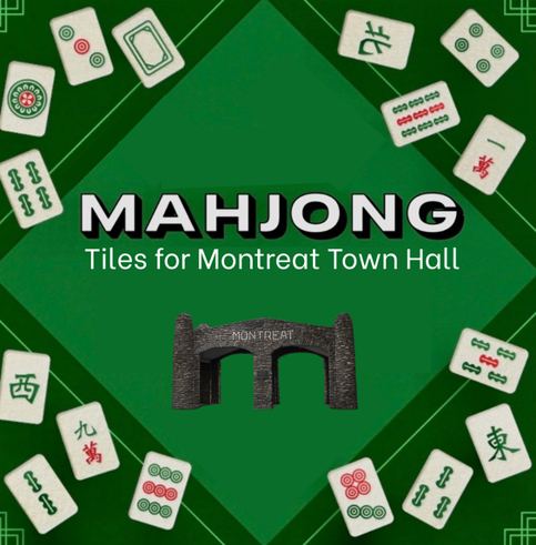 Green background with mahjong tiles arranged around the edges, MAHJONG Tiles for Montreat Town Hall in bold text, and a stone archway with MONTREAT in the center below the text.