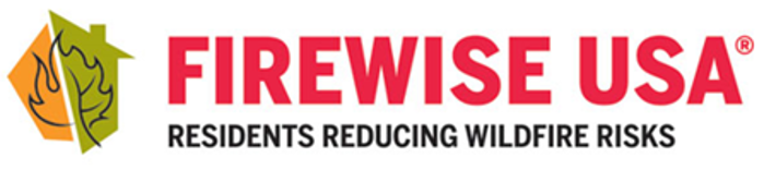 Firewise USA logo with a house and leaf, featuring the text: FIREWISE USA Residents Reducing Wildfire Risks..