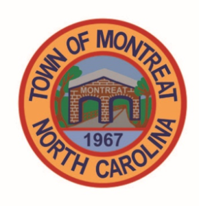Seal of Montreat, North Carolina, featuring a stone gate with Montreat above, trees on both sides, and the year 1967 below, all within a circular orange border.