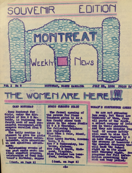 Front page of a vintage newspaper titled Montreat Weekly News, featuring the headline THE WOMEN ARE HERE! with hand-drawn arches and purple-blue decorative text and borders, dated July 23, 1936.