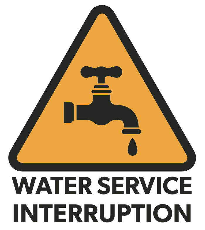 Yellow warning triangle with a water faucet icon and a dripping drop, above bold text reading WATER SERVICE INTERRUPTION..