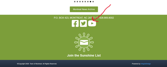 A website footer with contact info, social media icons, and a red arrow pointing to the zip code 28757 in the address P.O. BOX 423, MONTREAT, NC 28757.