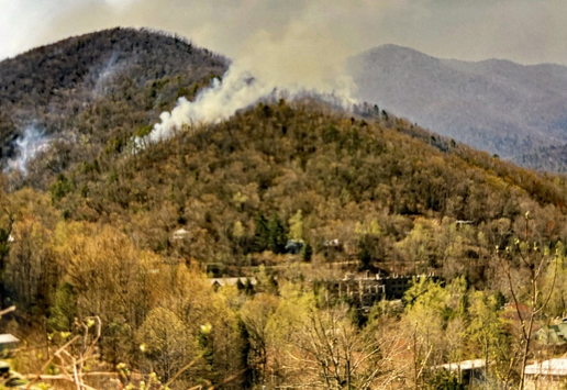 Smoke rises from a forested mountain, indicating a wildfire. The surrounding trees show early spring foliage, and some buildings are visible at the base of the hill under a hazy sky.