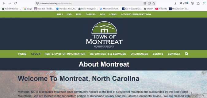 Screenshot of the Town of Montreat, North Carolina website homepage, with navigation menus, a banner, and the heading About Montreat above an introductory text about the town. Multiple browser tabs are visible at the top.