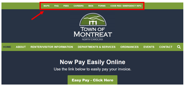 Screenshot of the Town of Montreat website with a red box highlighting menu items: MAPS, FAQ, FEES, CAREERS, BIDS, FORMS, and CODE RED/EMERGENCY INFO, above the town logo.