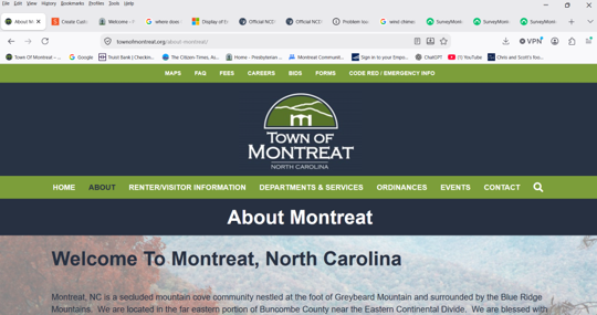 Screenshot of the Town of Montreat, North Carolina website homepage, showing navigation tabs, a logo, and a welcome message about Montreat below. Multiple browser tabs are visible at the top.