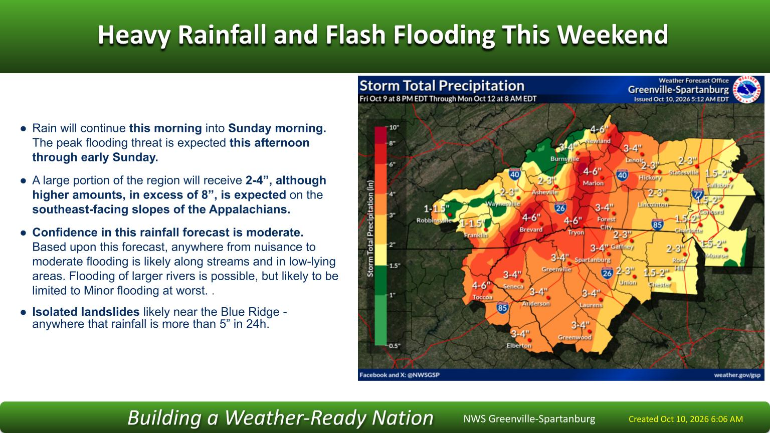 Weather map showing expected rainfall totals across the Greenville-Spartanburg region from October 9 to October 10, accompanied by bulleted text outlining flood and landslide risks.