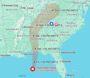 A map showing the projected path of Hurricane Isaias moving north from the Gulf of Mexico toward the mid-Atlantic, with time-stamped forecast markers.
