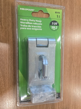 Hillman 7-1/4 inch heavy duty metal hasp in retail packaging.
