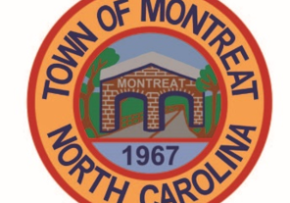 Seal of Montreat, North Carolina, featuring a stone gate with Montreat above, trees on both sides, and the year 1967 below, all within a circular orange border.
