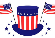 A blue top hat with red and white vertical stripes and white stars, flanked by two American flags and surrounded by blue stars.