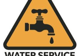 Yellow warning triangle with a water faucet icon and a dripping drop, above bold text reading WATER SERVICE INTERRUPTION..